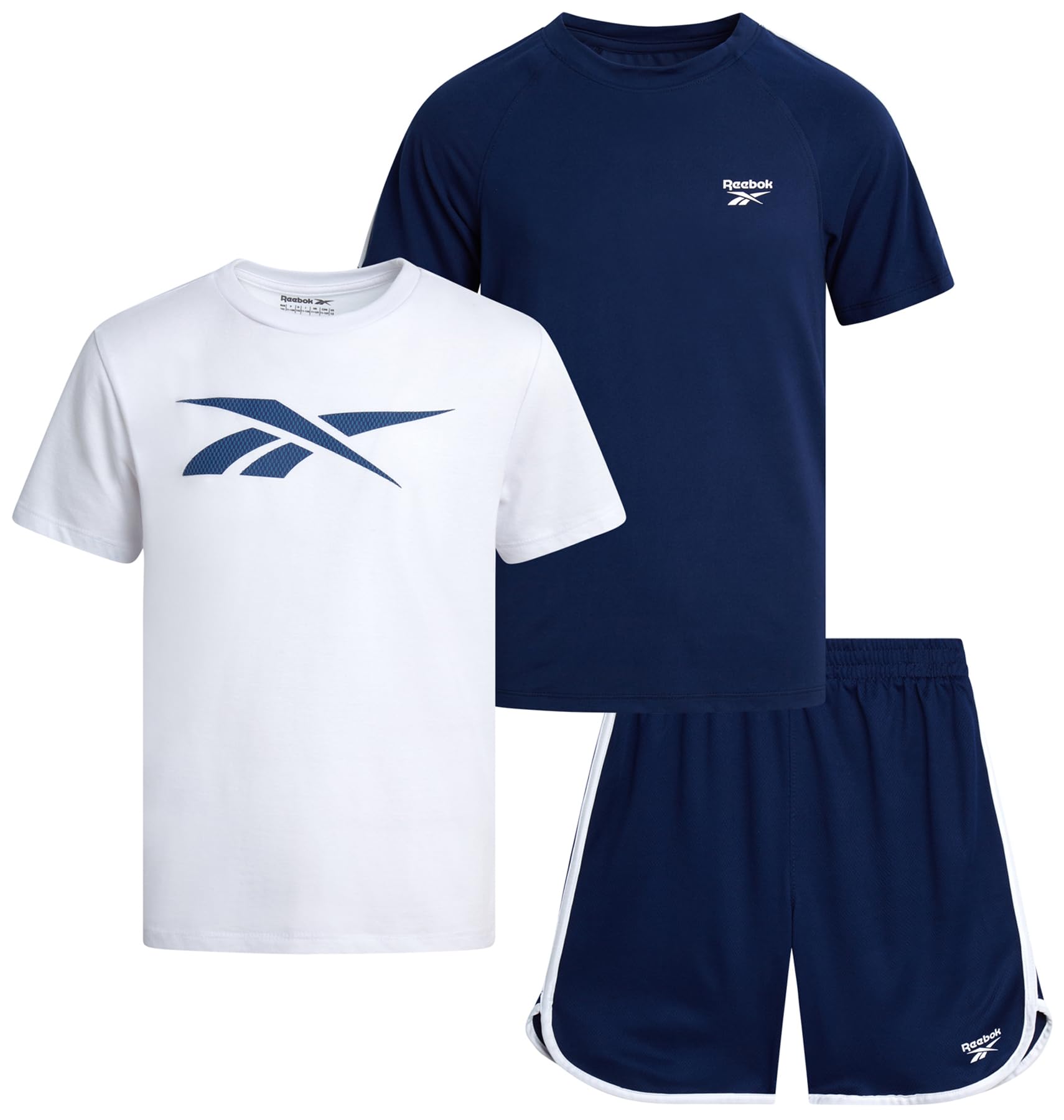 Reebok Boys Athletic Shorts Set - 3 Piece Summer Clothes Outfit with Graphic Tees and Boys Running Shorts for Active Kids